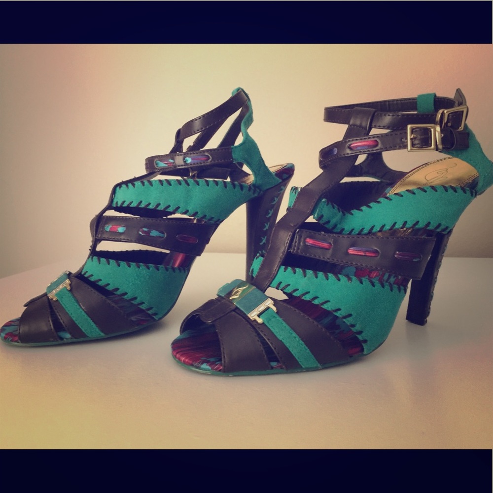 Baby Phat Size 9 Brown/Teal/Gold Open-Toe Sandal 4.5” Heels